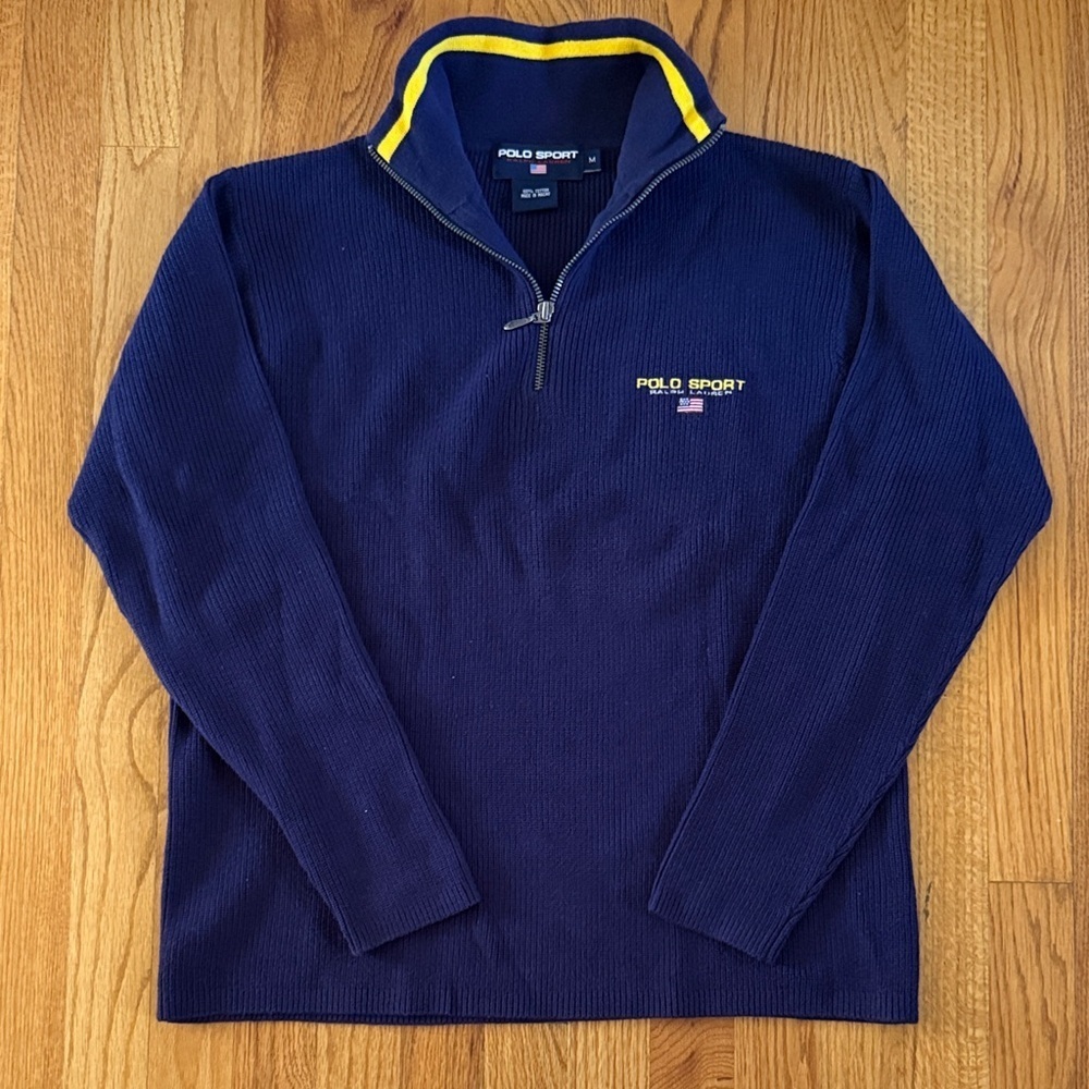 Vintage 90s Polo Sport Ralph Lauren Navy Quarter-Zip Cotton Sweater Flag